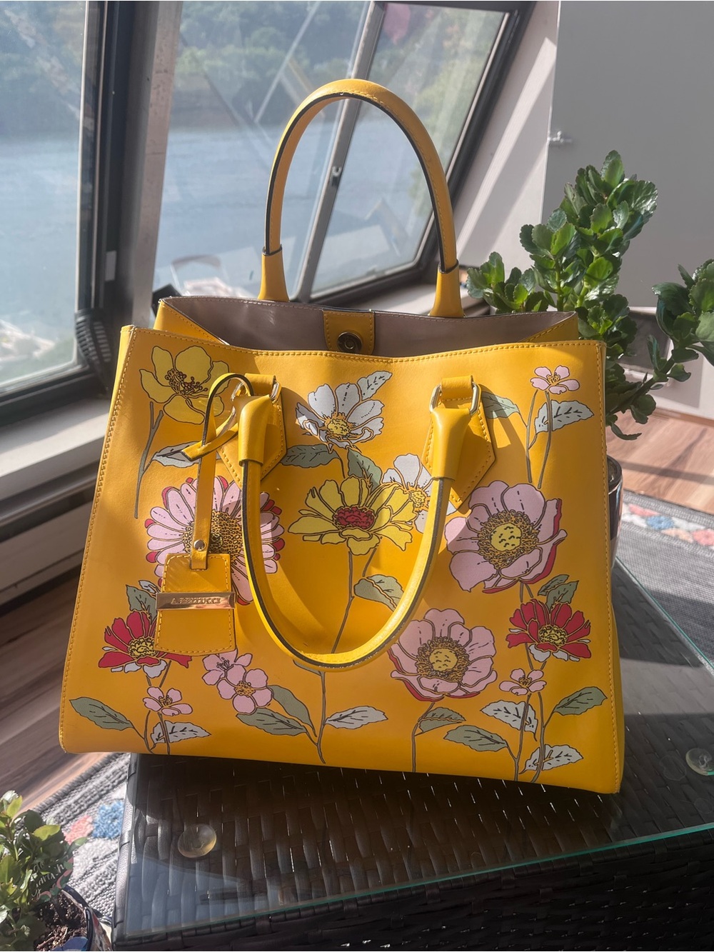 Yellow leather Floral Tote Handbag by